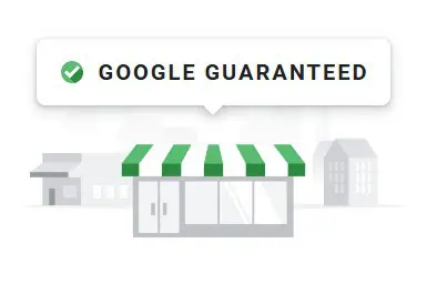 Illustration of a home storefront with a green and white awning, and a dialogue box above it with a green checkmark and the text "Google Guaranteed.