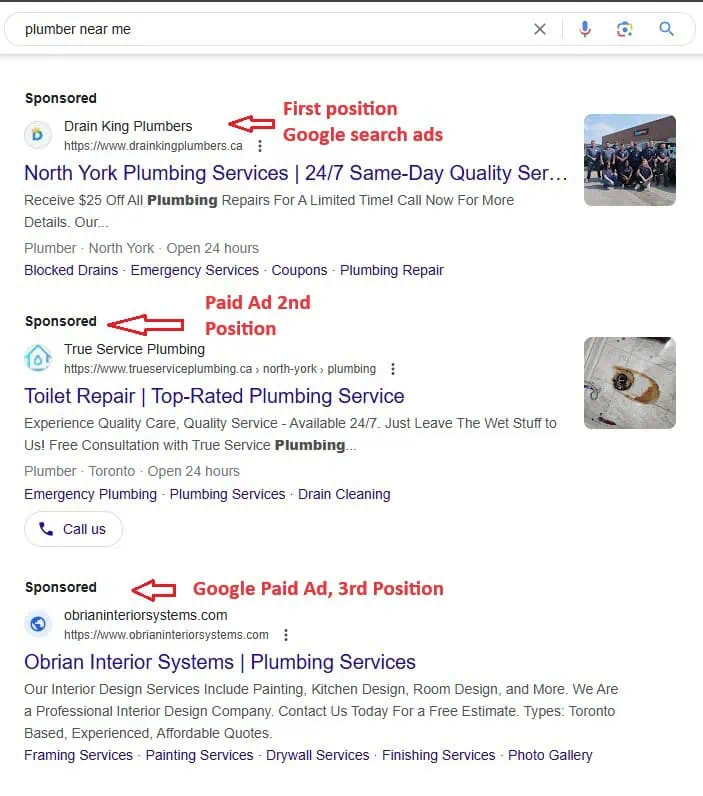 Screenshot showing Google search results for "plumber near me." The first three results are paid ads for different home plumbing services: Drain King Plumbers, True Service Plumbing, and Obrian Interior Systems.