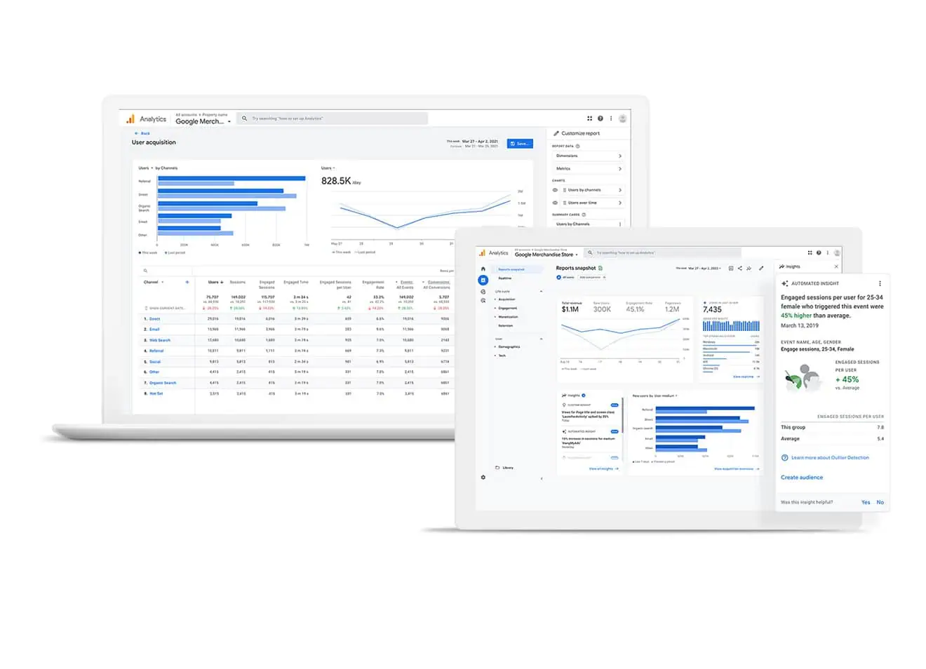 Two laptops display Google Analytics dashboards in a home setting. The screens show user acquisition data with charts and graphs for website performance analysis.