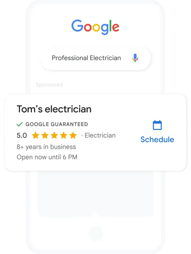 A Google search for "Professional Electrician" shows a sponsored result for "Tom's electrician" with a 5-star rating, 8+ years in business, Google Guarantee, and an open status until 6 PM – perfect for all your home electrical needs.