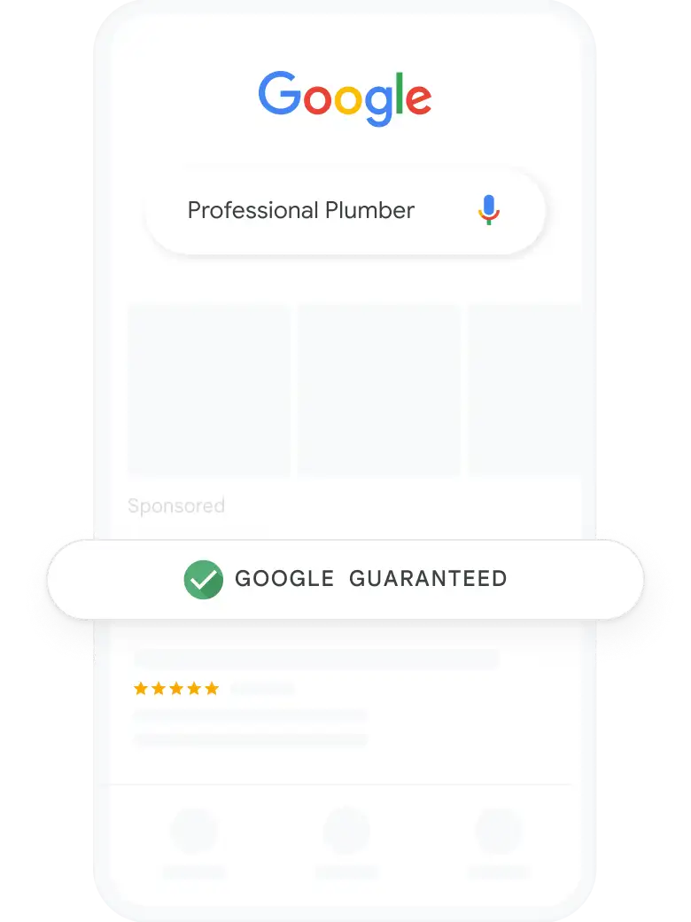 The Google search page shows the query "Professional Plumber" with a "Google Guaranteed" mark, a 5-star rating below, and home services listed at the top.